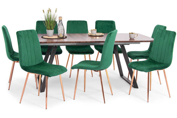Stół PORTLAND (200/160x90) i 8 krzeseł SOFIA - zestaw mebli do jadalni - brązowo-zielony